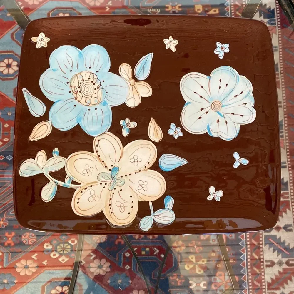 Pier 1‎ CASSIDY Platter Glossy Florals on Brown 11-1/3” x 13-1/2”